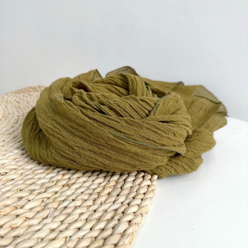 Solid Color Retro Pleated Olive Green Pleated Linen Scarf Japanese Women'S Scarf Beach Sun Protection Large Shawl