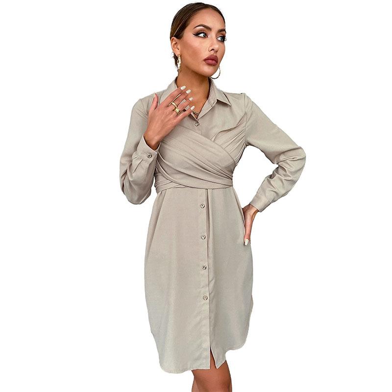 Temperament and Elegance Outer Wear Early Autumn Women's Shirt Dresses Lapel Solid Color French Long Sleeve Shirt Dresses