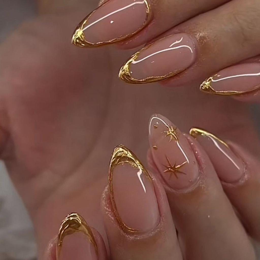24PCS 3D Golden French False Nails Pink Blush Gradient Simple Star Patterns Press On Nails Sweet Almond Fake Nails Wearable Tips