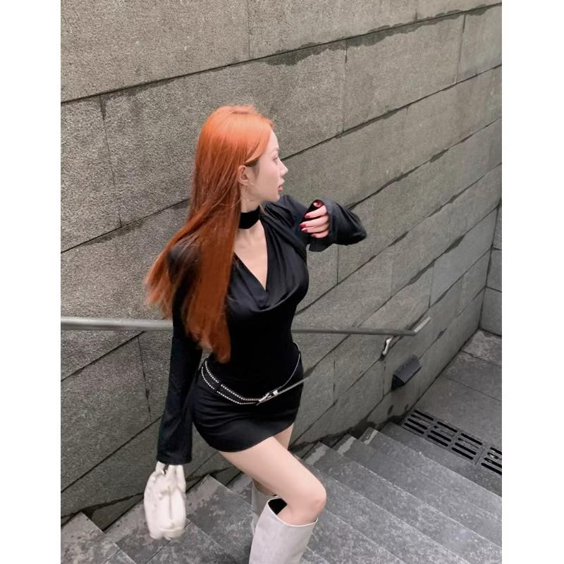 Spring 2026 Spicy Girl Bodycon Halter Dress for Women – Slimming, Hip-Hugging, Draped Hem, Short Skirt