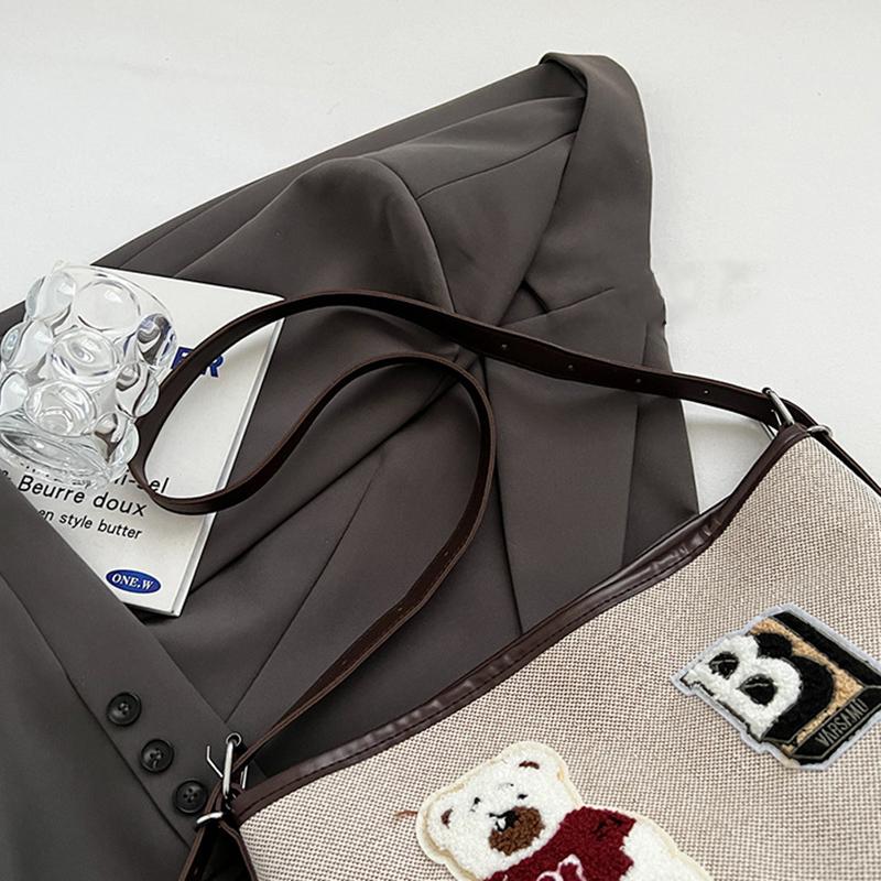 Vintage Bear Cartoon Tote Bag Large Capacity Commuter Women Shoulder Bag Fashionable Versatile Teenagers Girls School Bag