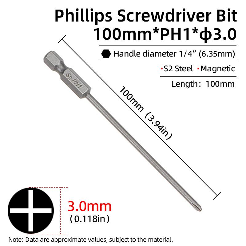 1PC Phillips Screwdriver Bits Cross Head Magnetic Screwdrivers PH00 PH1 PH2 S2 Alloy Steel Hex Shank Hand Tools 50/75/100/150mm