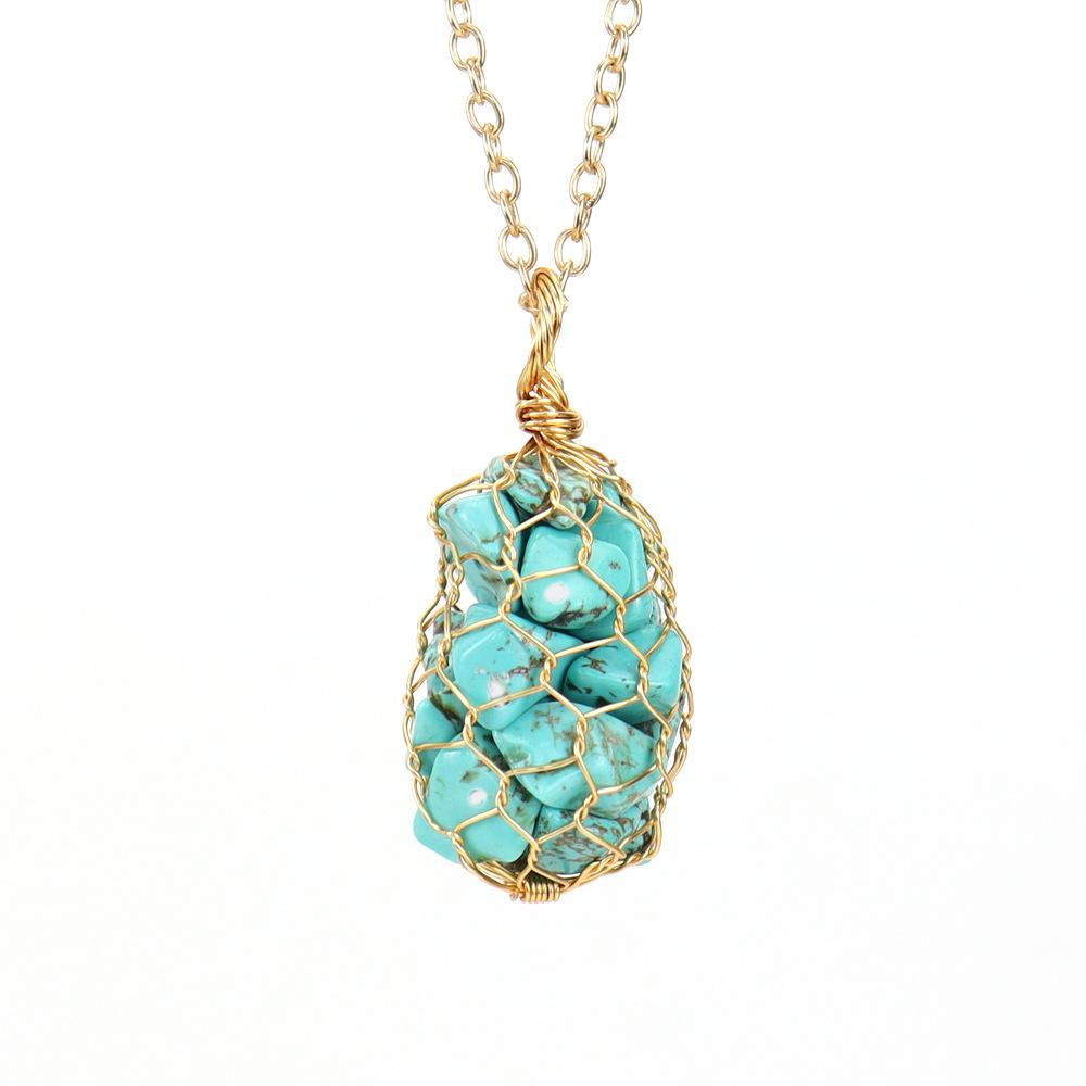 Natural Colorful Crystal Gravel Amethyst Copper Wire Hand-Woven Mesh Pocket Pendant Necklace N657