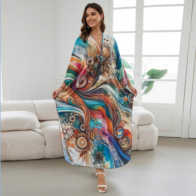Vacation dress, long robe, loose positioned print beach cover-up, bikini dress