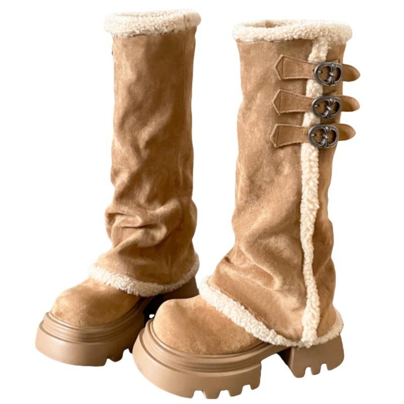 Thick-soled boots Wowinter warm inner heightening plush piled pants tube boots but knee-high knight boots