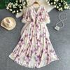 Women's V Neck Floral Chiffon Maxi Dress High Waist A-Line Casual Dress for Summer Vacation