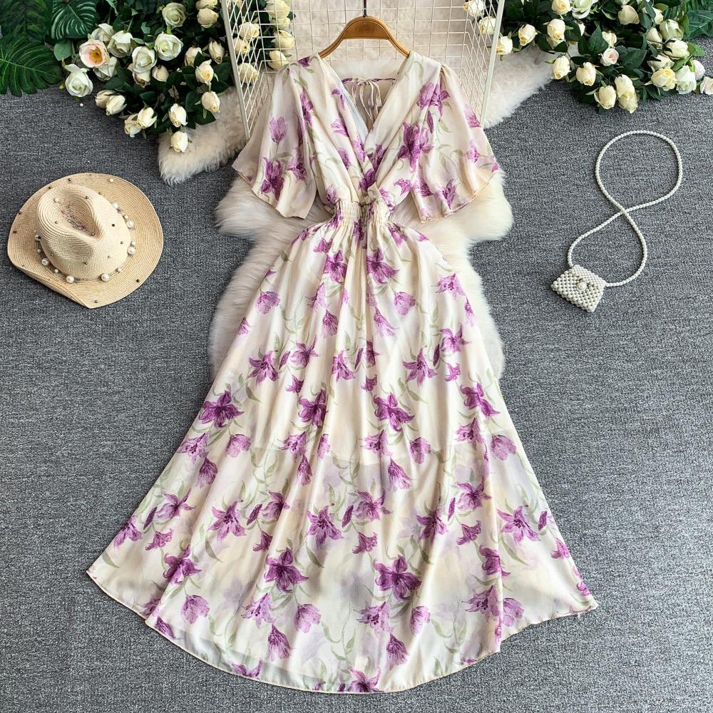 Women's V Neck Floral Chiffon Maxi Dress High Waist A-Line Casual Dress for Summer Vacation