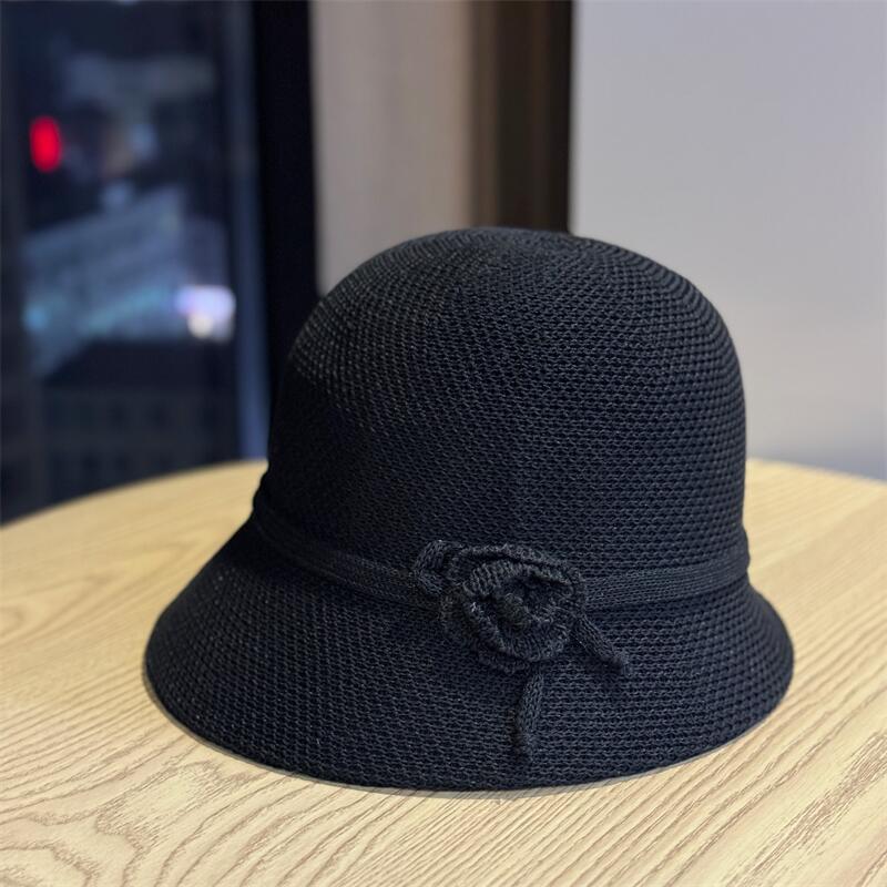 

New elegant Japanese-style small-brimmed bucket hat for women, breathable single-layer sun hat for spring and summer, knitted cool hat, sun Adult54-60Adjustable чёрный