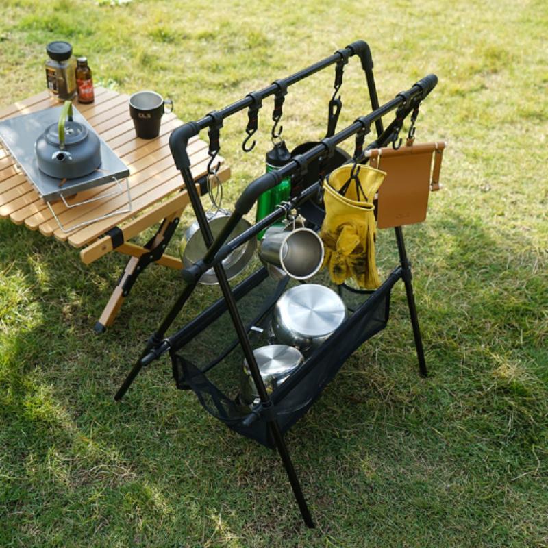 Camping Triangle Shelf Aluminum Alloy Folding Double-Layer Large Capacity with Hook Net Bag Outdoor Glamping Picnic Hanging Rack