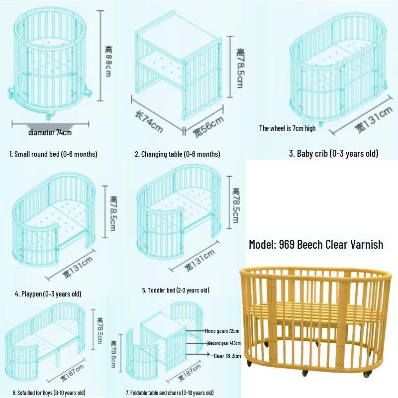 INS Bolin Multifunctional Solid Wood Round Baby Bed: Convertible Twin and Co-Sleeping.