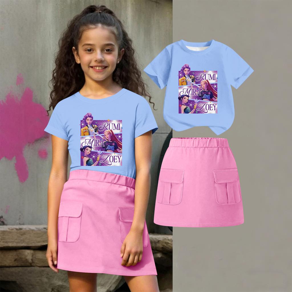 Kinder Sommer Sport T-Shirt und Röcke 2-teiliges Outfit Trainingsanzug Set Kurzarm Print Crop Tops mit Kleiderset