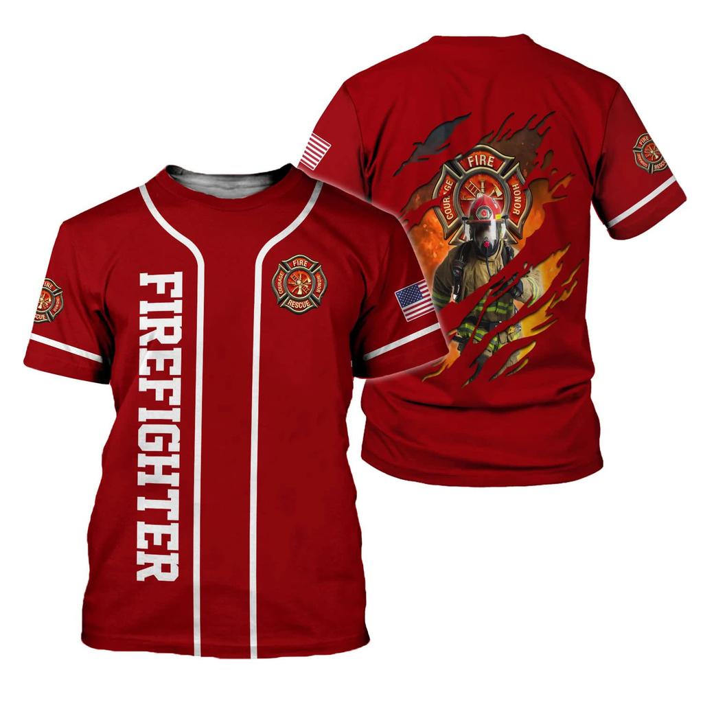 Summer Round Neck 3D Firefighter Print Top Fashionable Casual Short Sleeved Men's T-shirts
