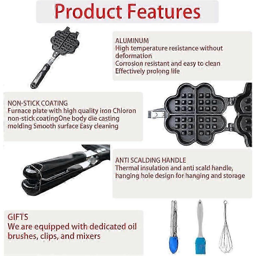 Cast Iron Waffle Maker with Dual Heart Mold for Gas Stove, Non Electric Outdoor Cooking Pan