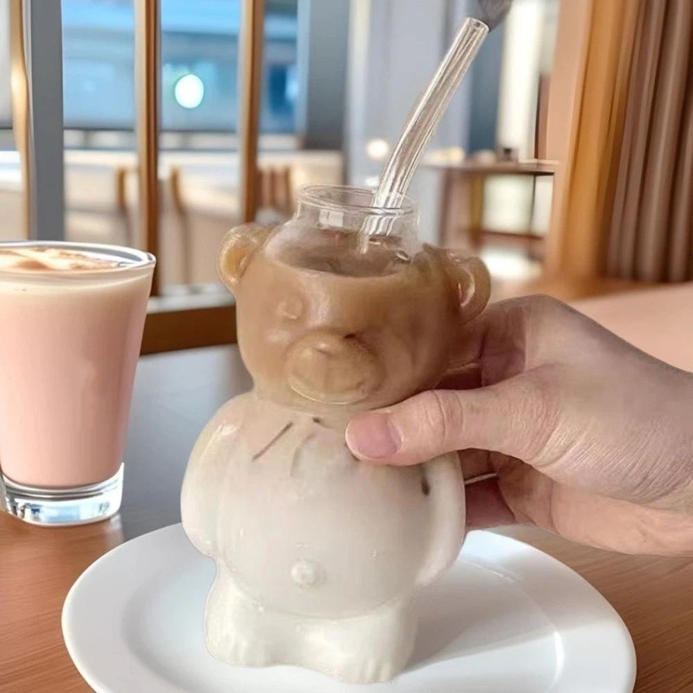 Transparent Bear Coffee Mug 320ML Milk Tea Straw Cup Multi-purpose Clear Bear Glassware Milk