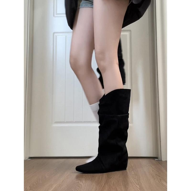 Pleated Woman Knee-High Boots Pointed Toe Internal Elevation Shoes Street Style Mordern Long Botas Mujer 2025 New