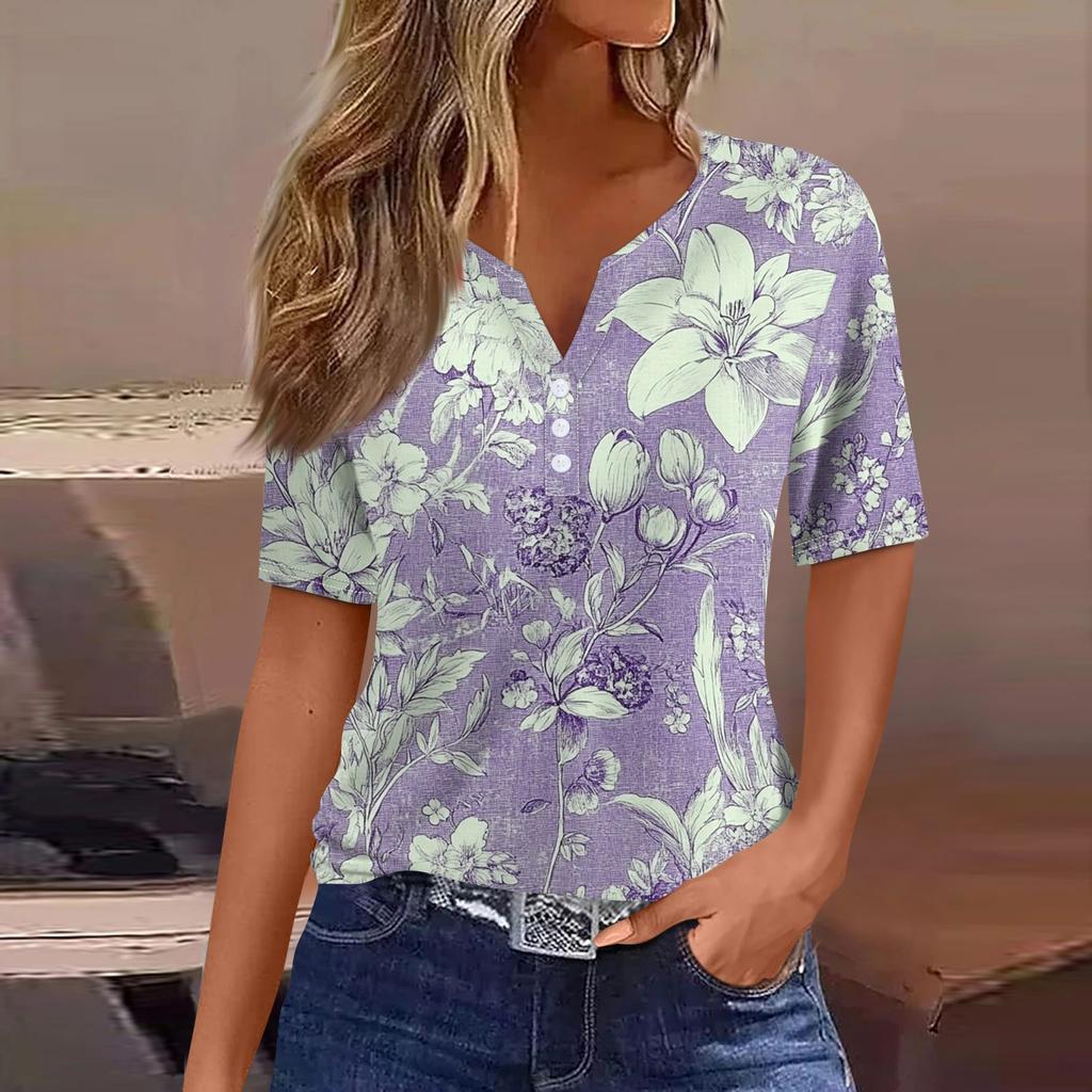 Women's T Shirt Tee Print Button Short Sleeve Daily Weekend Fashion Basic V- Neck Regular Top