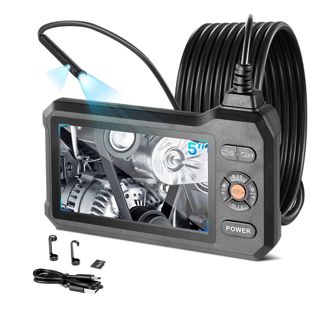 VEVOR Dual Lens Endoscope with Light, 5" HD IPS Screen Industrial Borescope Camera, 5.5mm Slim Lens, 8X Zoom