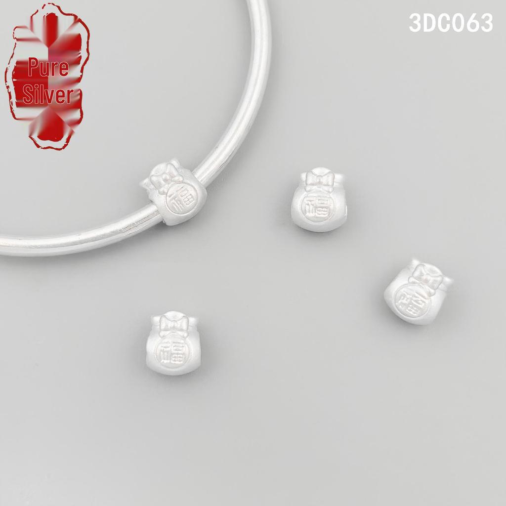 S999 Sterling Silver 3D Fu Character Bow Coin Purse Pendant Bead Jewelry Braided Rope Bracelet Accessory