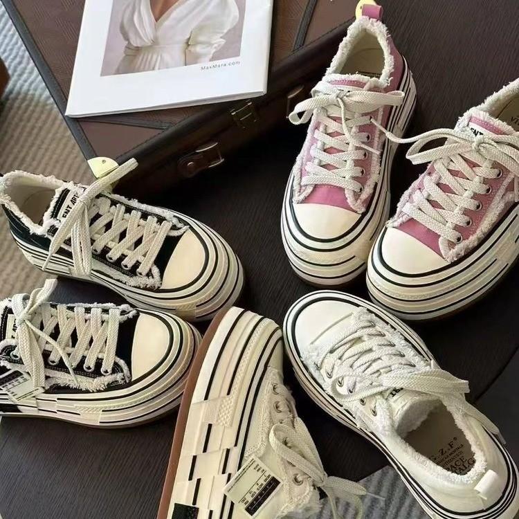 Internet Celebrities with the Same Super Fire Swan Series Canvas Shoes Women 2025 Retro Casual Platform Fringed Lace-up Beggar Shoes