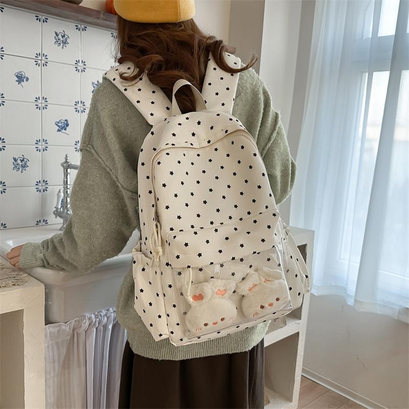 Cute Star Print Backpack for Women & Girls – Transparent Front Pocket, Lightweight Design – Perfect for School, Travel & Daily Use