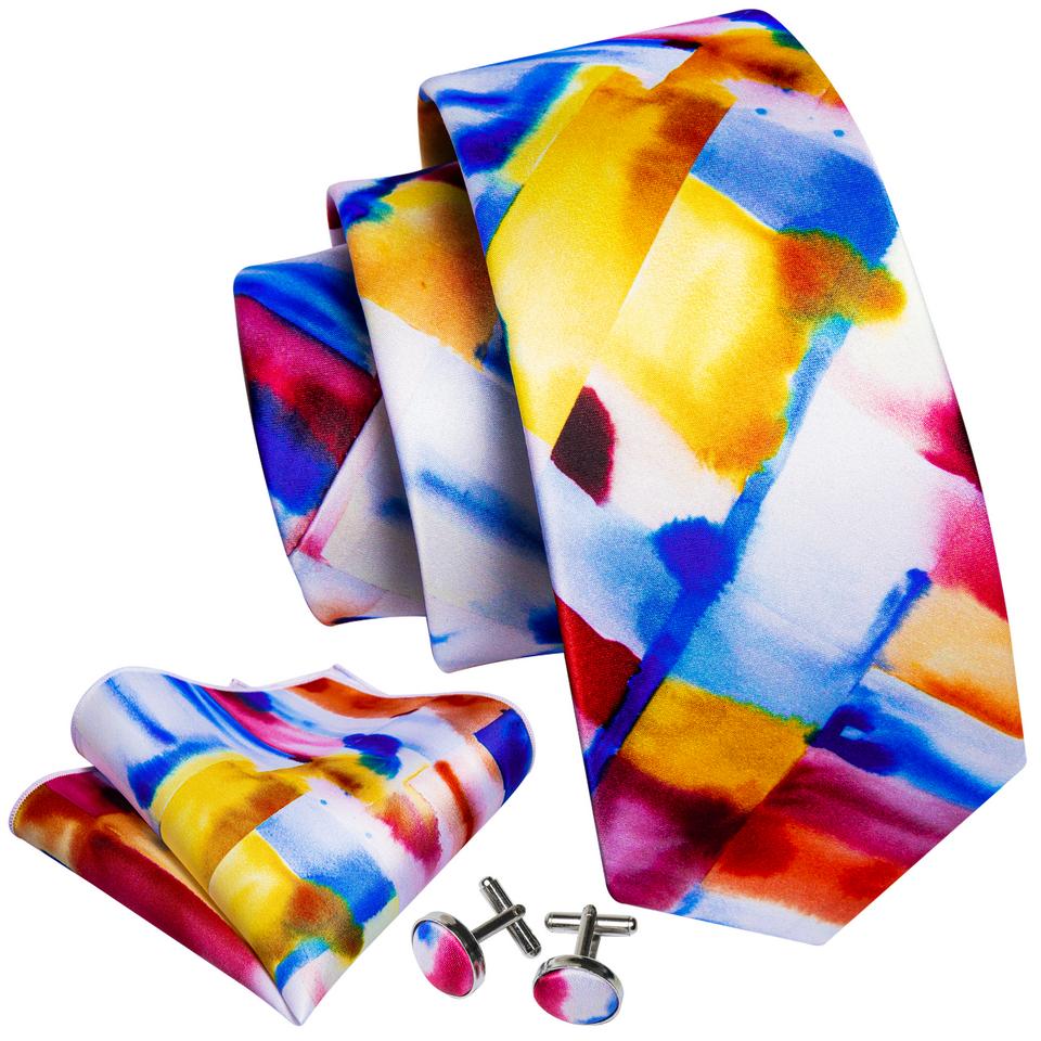 Barry.Wang Tie Handkerchief Cufflinks Set for Men Neckties Yellow Blue Formal Casual