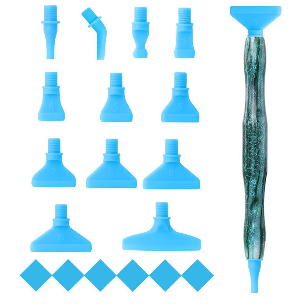 

Набор ручек для алмазной живописи 5D с клеем и сверлами для вышивки своими руками Threaded Plastic Pen 12 Heads + Clay синий/зелёный