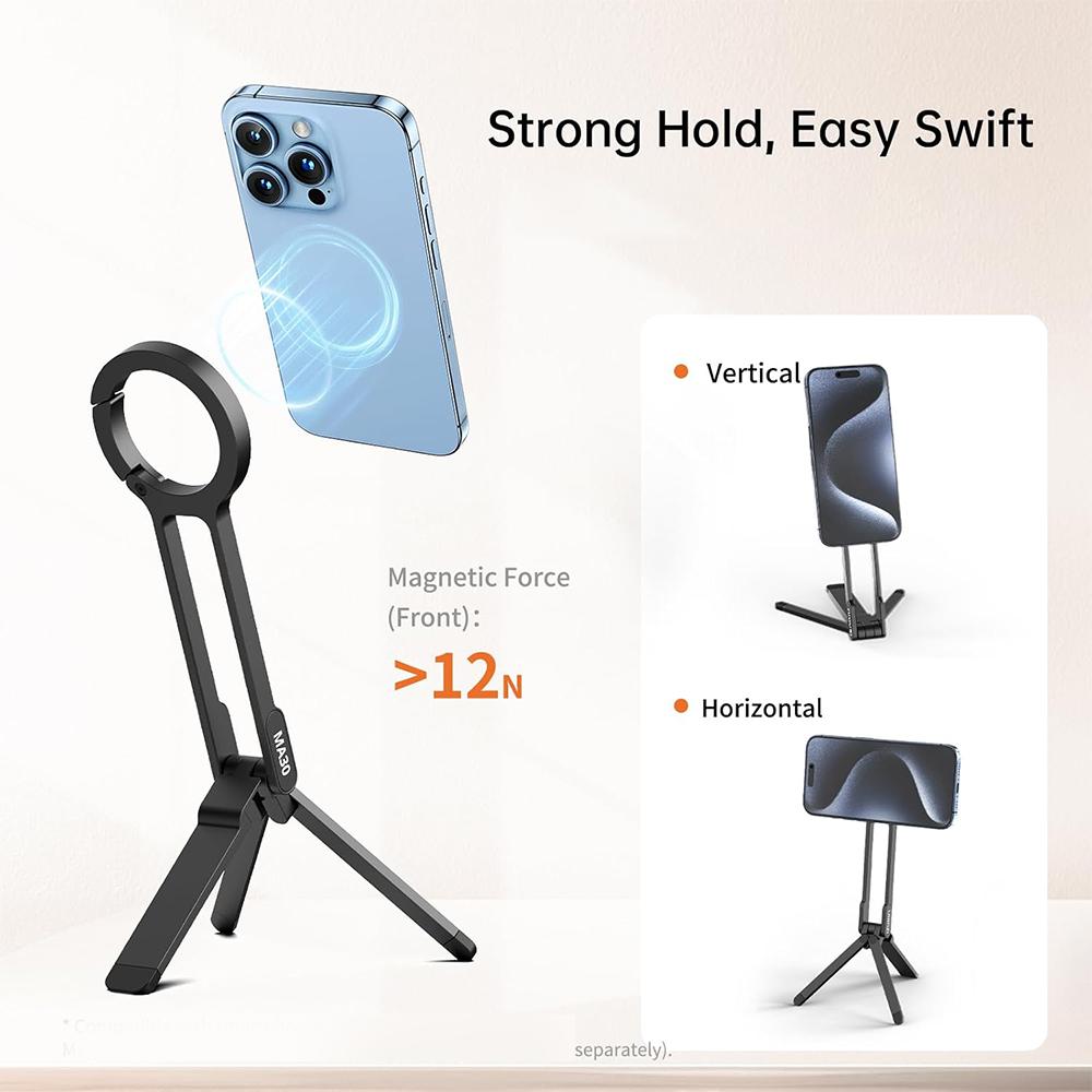 Alloy Magnetic Phone Tripod Foldable Portable Stand Carabiner-Mounted Desk Support with 3 Magnetic Rings for 14 15