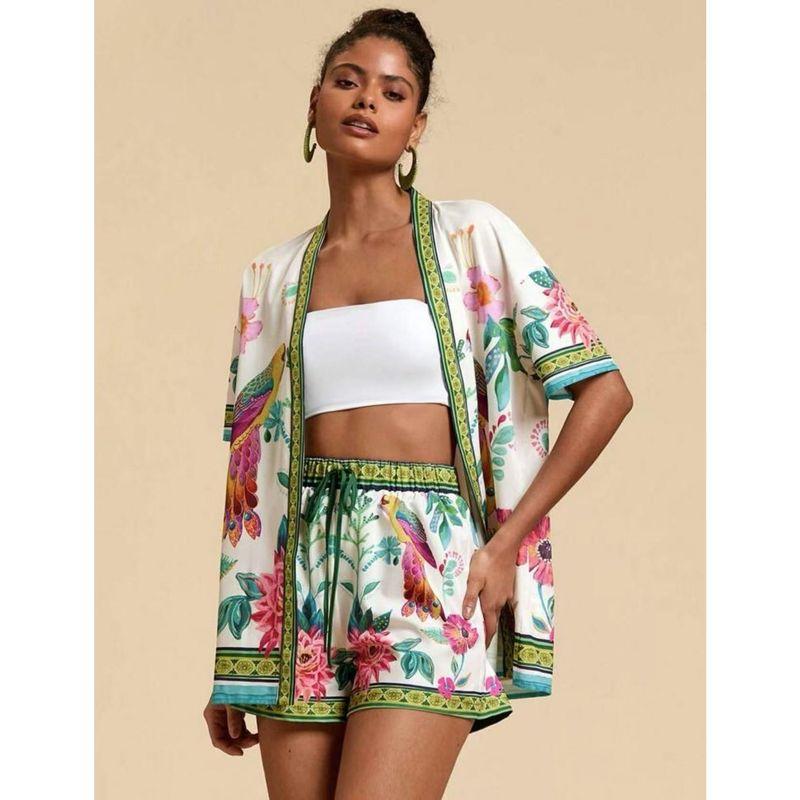 

Women s Clothing European American Summer New Fashion Casual Printing Cardigan Short Sleeve Shorts Suit Emerald green XXL