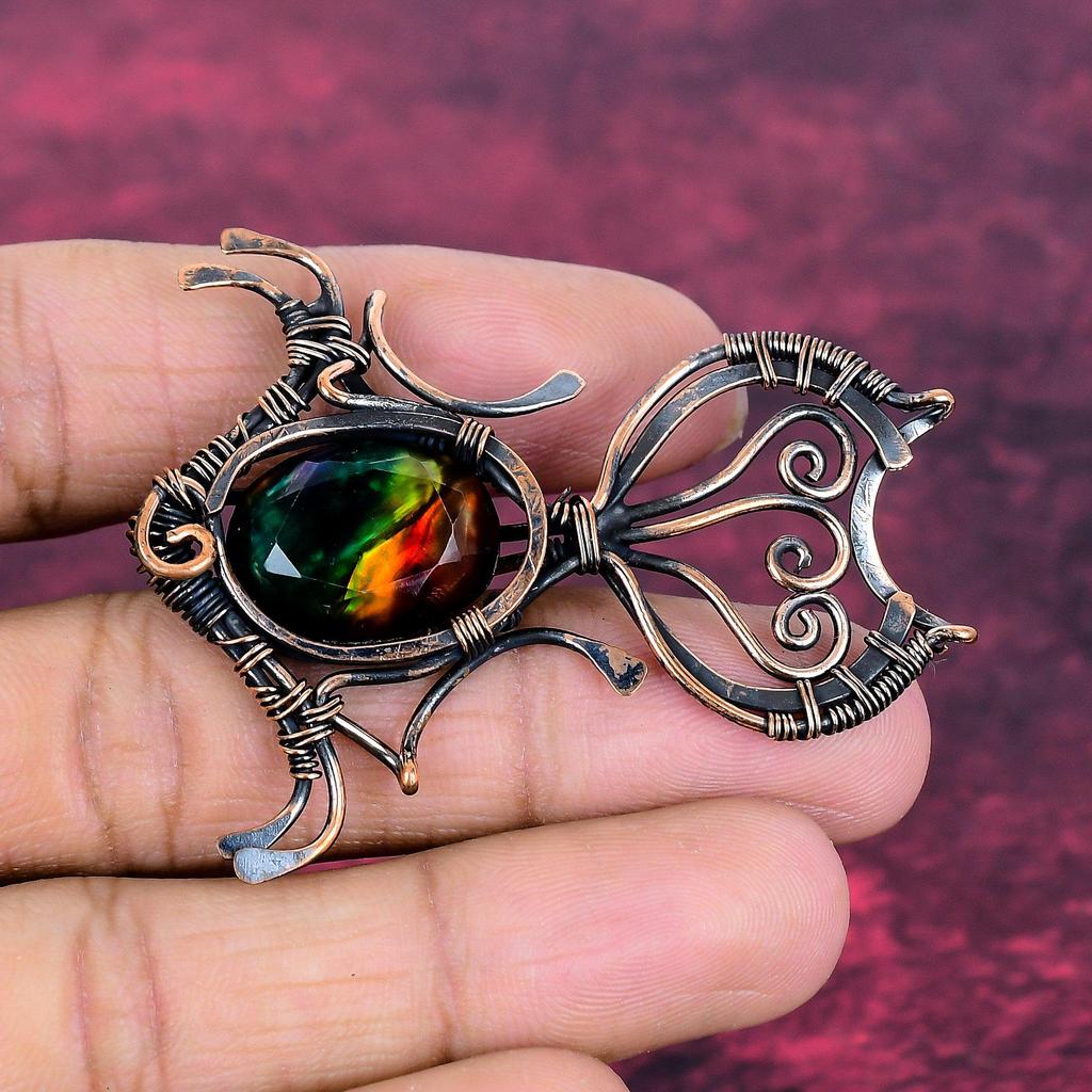 Ammolite Pendant Copper Wire Wrapped Fish Pendant Real Gemstone Handmade Jewelry