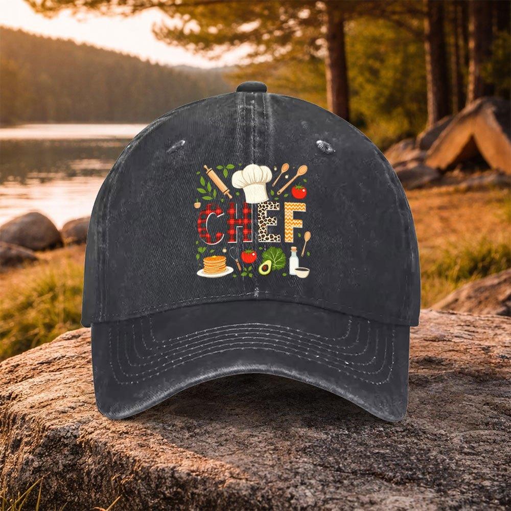 Chef Pattern Washed Baseball Cap Adjustable Cotton Outdoor Golf Sun Hat Unisex