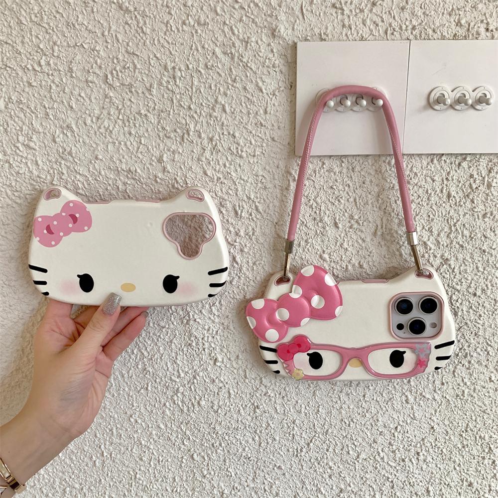 3D Hello Kitty Brille Niedliche Rosa Schleife Süße Handyhülle Für iPhone 16 15 14 13 12 11 Pro Max 16 PLUS Handschlaufe Kordel Rückseite