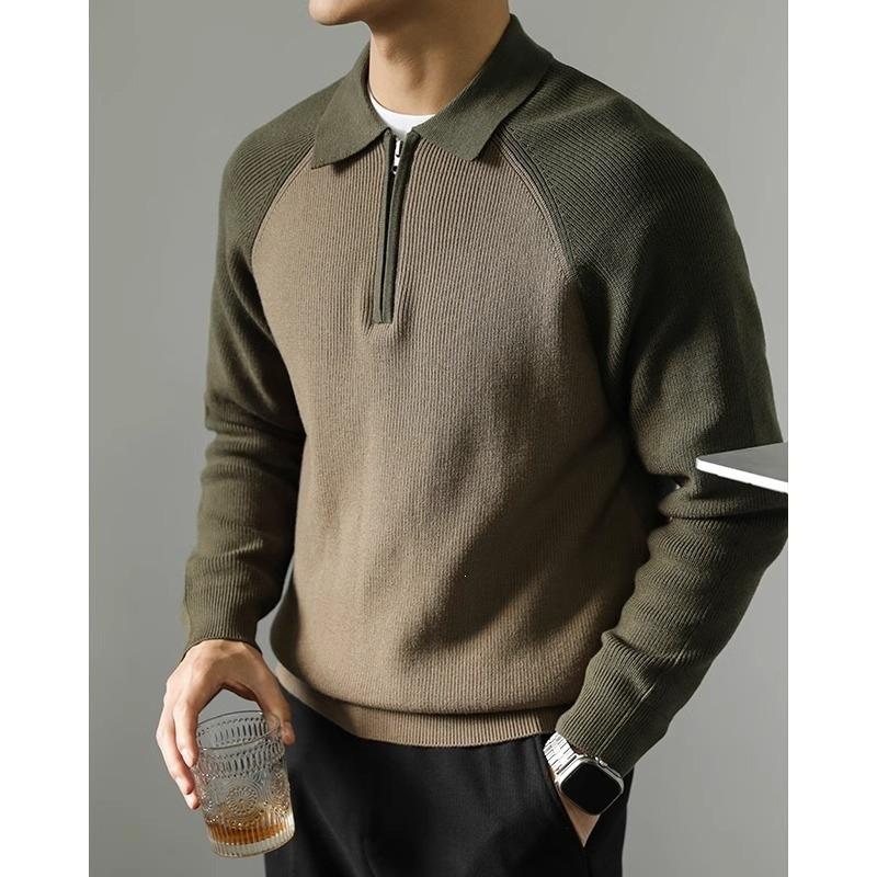 Men S Polo Collar Color Block Knit Sweater Half Zip Casual Spring Autumn
