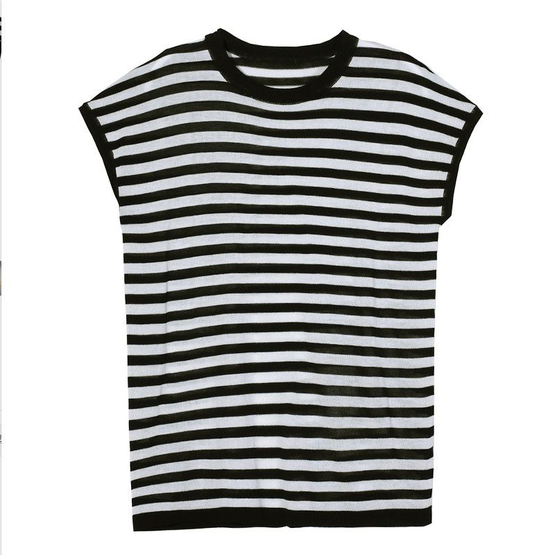 Classic Black and White Striped Ice Silk Short Sleeved Knitted Shirt for Women In Summer Thin Style Loose Fitting Top for Women's Summer Wear