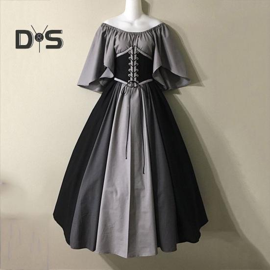 Women Halloween Dress Halloween Party Costume Flying Sleeve A-line Big Hem Contrast Color Patchwork Off Shoulder Pleated Tight Waist Medieval Vintage