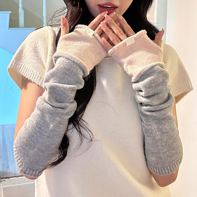 Imitation Wool Knitted Gloves For Women Winter Warm Arm Sleeves Touch Screen Mittens Separate Fingers Color Blocking Arm Cover