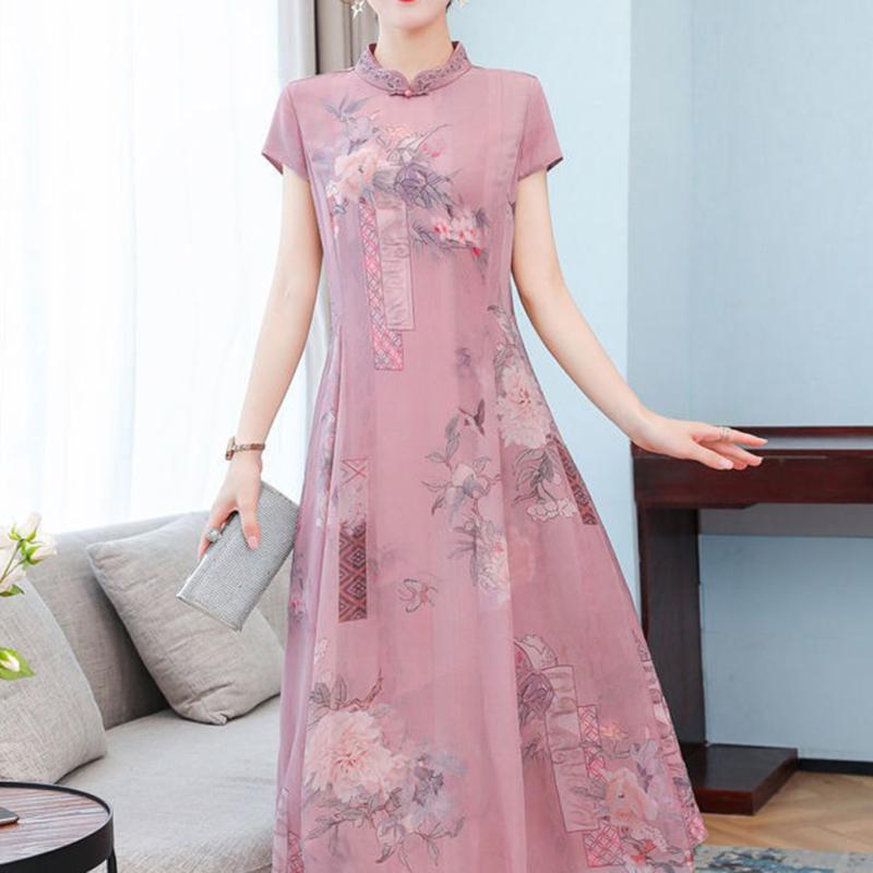Women Cheongsam Dress Short Sleeves Stand Collar Long Skirt Chinese Style High Waist A-line Skirt