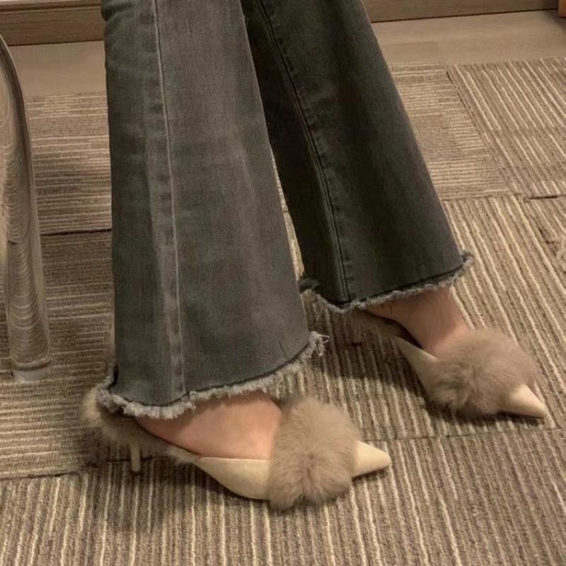 Damen High Heels Pelz Hausschuhe Pantoletten Spitzschuh Pelzige Slides Mode Elegante Luxus Designer Flip Flops Büro Pumps