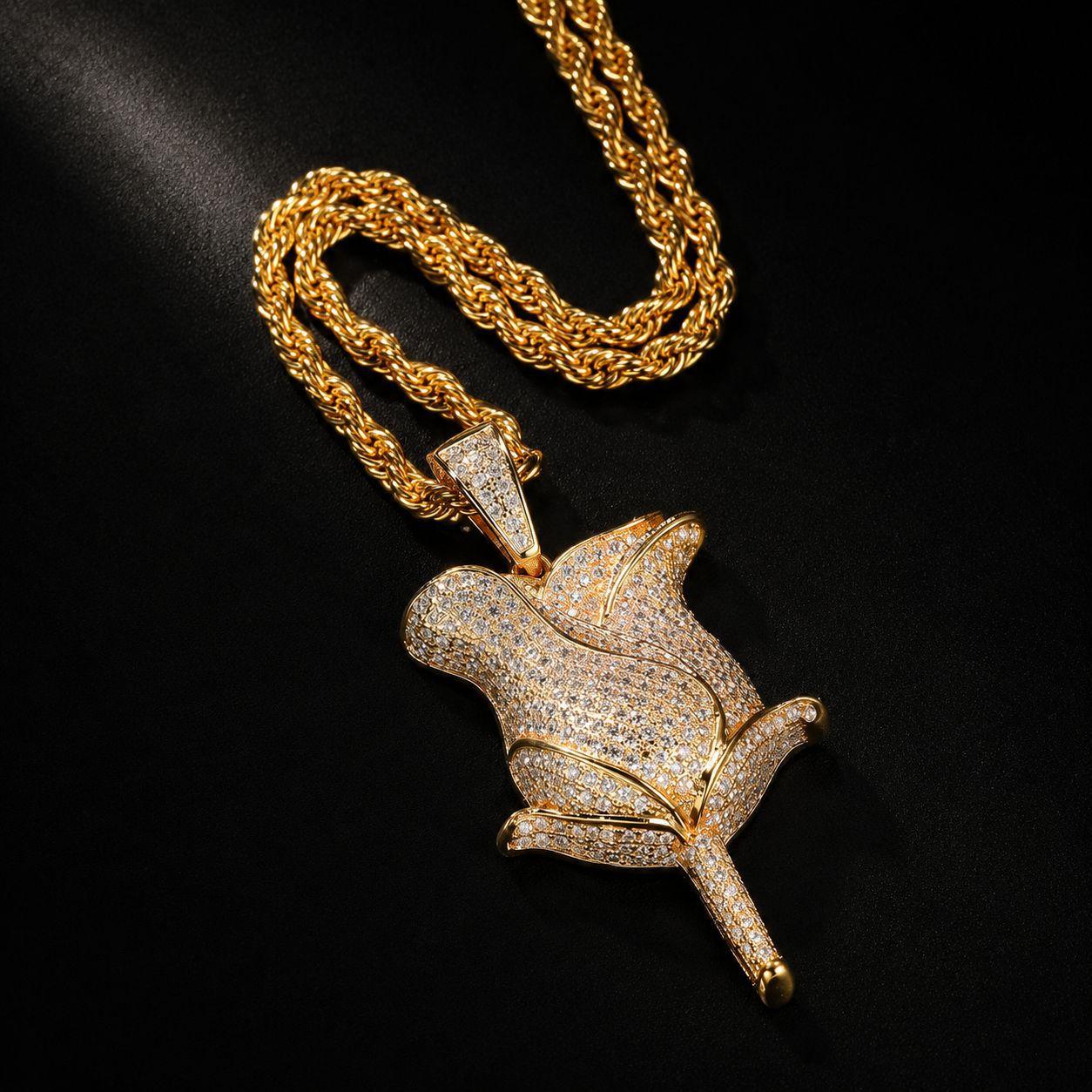 European and American Full Diamond Rose Pendant Copper Set with Zircon Hip Hop Style Men s Necklace Accessories