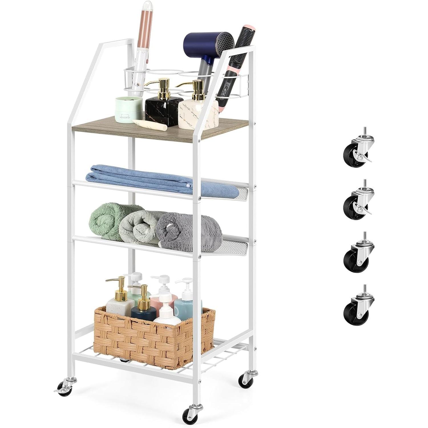 

4-Tier Freestanding Towel Rack with Wheels - Hair Tool Organizer & Metal Shelf, Space Saving for Bathroom/Pool білий