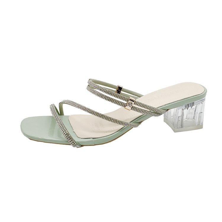 Französische Dicke Ferse Strass Coole Hausschuhe Damenschuhe Tragen 2025 Neu Sommer Feenstil Temperament Coole Hausschuhe