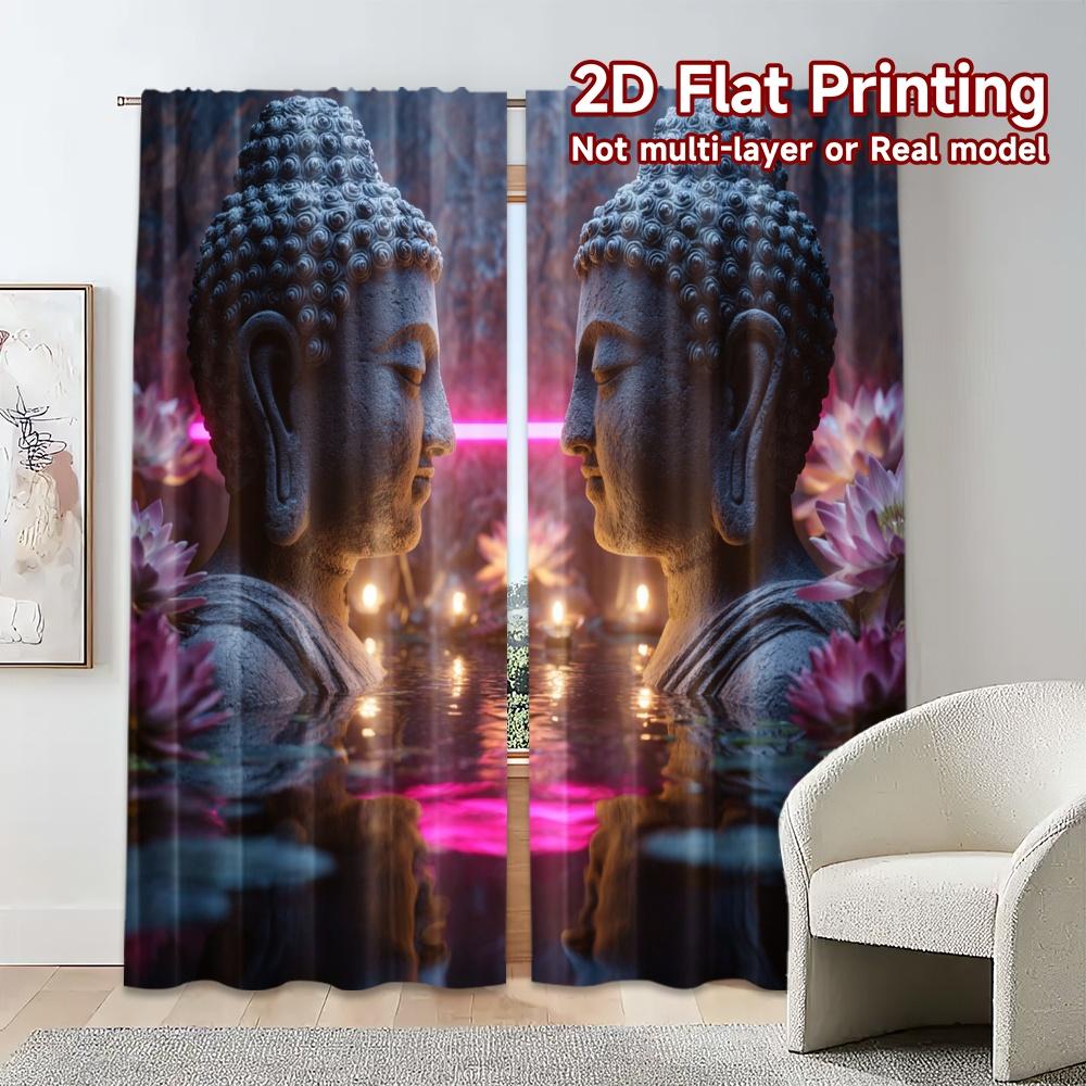 Modern Flat Printing Curtains Without Rod Serene Lotus Minimalist Versatile Polyester Set Of 2 Made