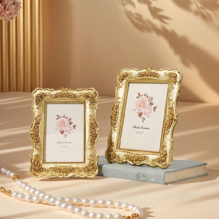Antique Resin Wall Art Tabletop Golden Photo Frame Intricate Florals Embossed Picture Frame with Glass Front Home Decors