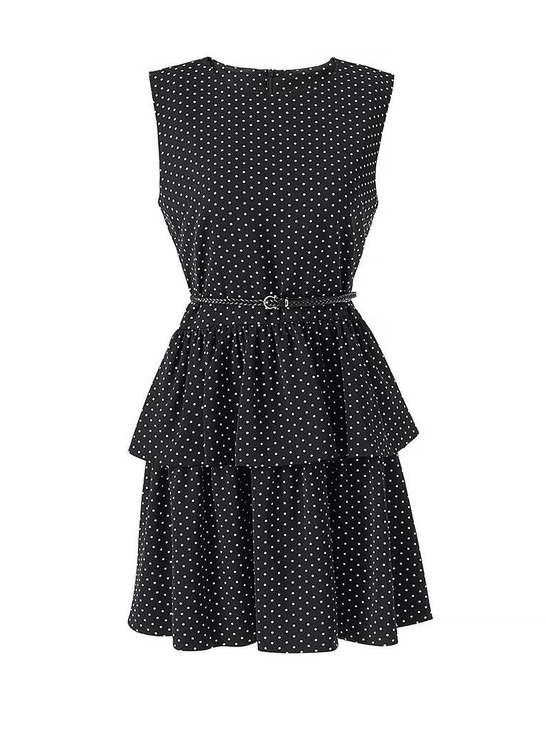 Gepunktetes Satin-Sommerkleid mit Rüschensaum und taillierter Taille für Damen