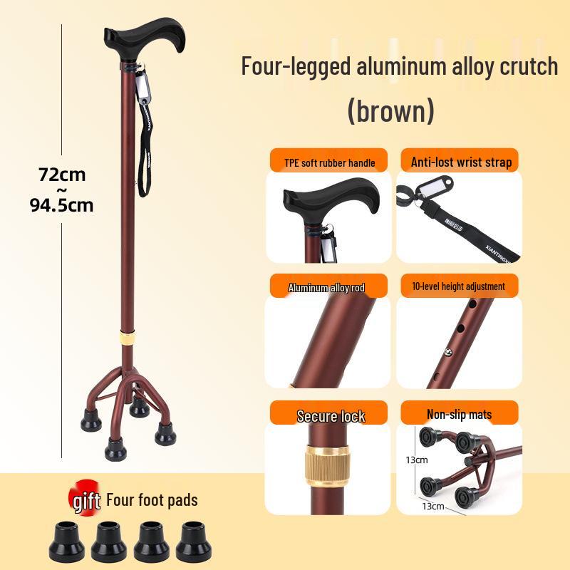 Lightweight Aluminum Alloy Four-Legged Cane with Soft Grip for Seniors - Anti-Slip, Adjustable Walking Stick.