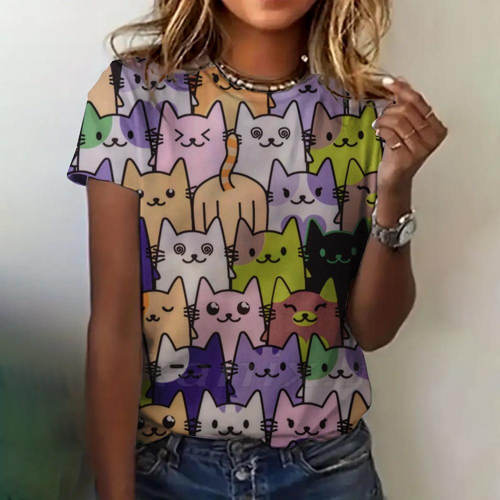 Women's T-shirt Summer Cartoon Cat 3D Printed T-shirt Women's Fashion Casual Round Neck Short Sleeve T-shirt Women's Top T-shirt Elegant