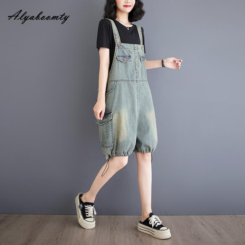 Summer Women Streetwear Light Blue Denim Overalls Washed Cotton Solid Casual Loose Playsuits Vintage Thin Wide Leg Shorts Rompers