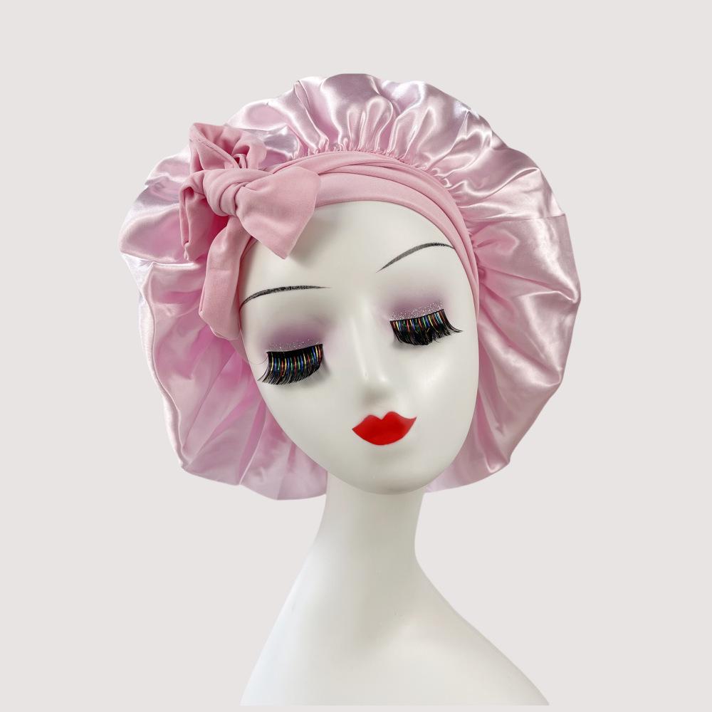 Silk Satin Sleep Cap with Ribbon Bow for Women - Elastic Wide Brim Bath Headscarf Hat for Hair Care