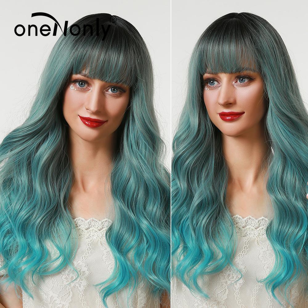oneNonly Purple Blue Wig with Bangs Long Wavy Cosplay Lolita   Women Wigs  Halloween Party High Temperature Hair