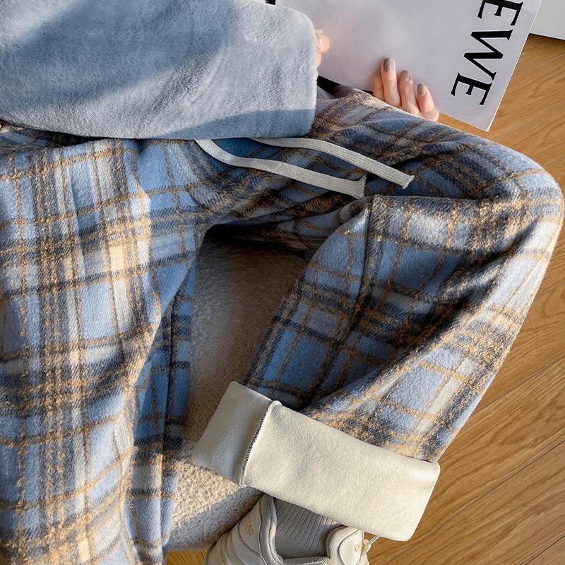 Women's Winter Fleece-Lined Tweed Plaid Wide-Leg Pants: Warm, Thick, Loose, and Straight-Leg Design.