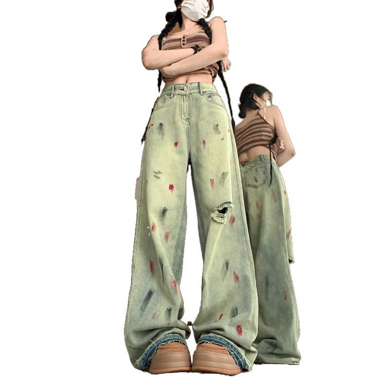 2025 Herbst Retro Spritzer zerrissene Low-Rise Wide-Leg Jeans für Männer und Frauen – Europäischer und Amerikanischer High Street Stil